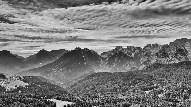 Alpin landscape with beautiful mountains in summertime, view from drone.