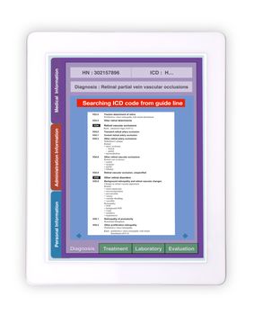 Medical record technology using digital tablet for ICD code searching on white background.