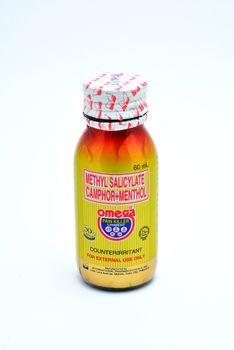 MANILA, PH - JULY 10 - Omega pain killer liniment bottle on July 10, 2020 in Manila, Philippines.