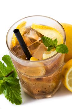 Iced tea drink with lemon in glass isolated on white background