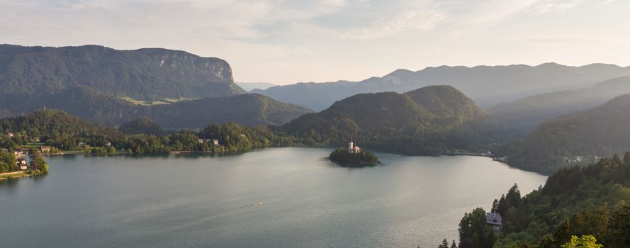 Lake Bled, island with a church and the alps in the background, Slovenia.