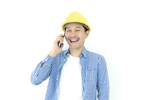 Business man engineer employee with blue scott shirt isolated has talking for working and planning by phone on white background.