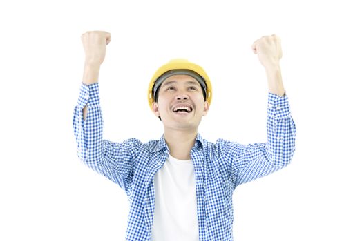 Business man engineer employee with blue scott shirt has feeling successful and victory isolated on white background.