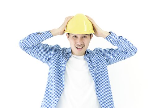 Business man engineer employee with blue scott shirt has upset and angry isolated on white background.