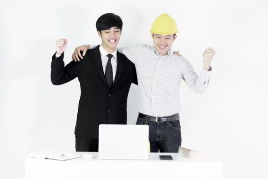 Asian manager businessman and engineer businessman have working together and promise with handshake, isolated on white background.