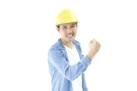 Business man engineer employee with blue scott shirt has feeling successful and victory isolated on white background.