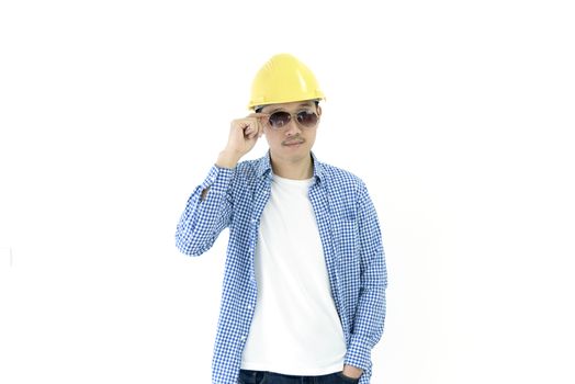 Business man engineer employee with blue scott shirt and black eyeglasses isolated on white background.