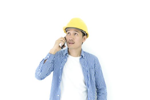 Business man engineer employee with blue scott shirt isolated has talking for working and planning by phone on white background.