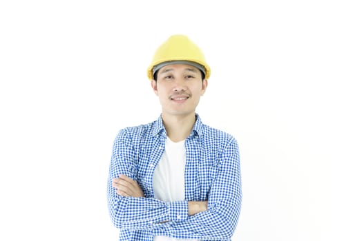 Business man engineer employee with blue scott shirt isolated on white background.