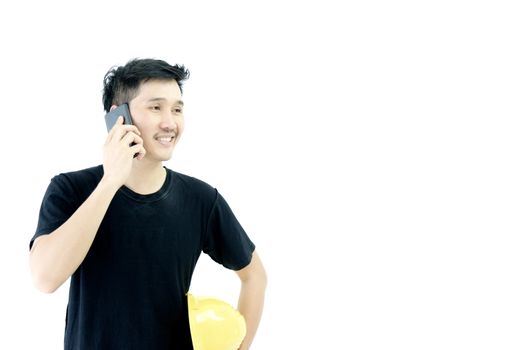 Business man engineer employee with black shirt has talking by phone isolated on white background.