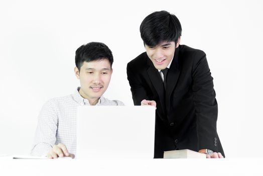 Asian manger businessman and employee salary man has working together with feeling happy and success, isolated on white background.