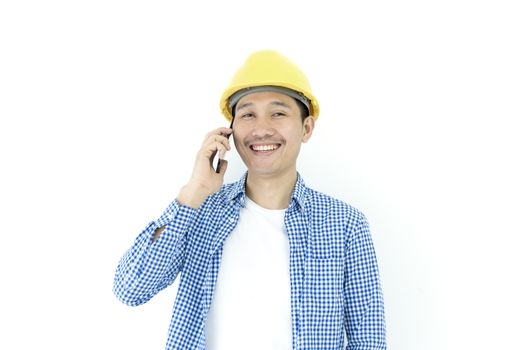 Business man engineer employee with blue scott shirt isolated has talking for working and planning by phone on white background.