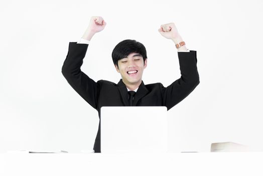 Asian manager businessman sitting at desk and working, isolated on white background.