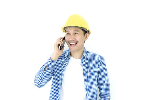 Business man engineer employee with blue scott shirt isolated has talking for working and planning by phone on white background.