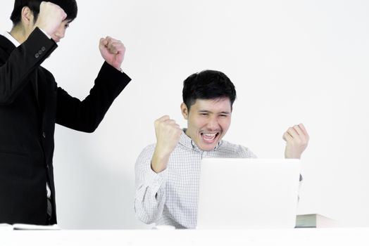 Asian manger businessman and employee salary man has working together with feeling happy and success, isolated on white background.