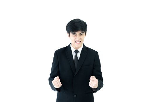 Asia businessman with black suit and black necktie has feeling victory isolated on white background.