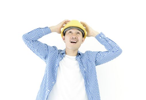 Business man engineer employee with blue scott shirt has upset and angry isolated on white background.