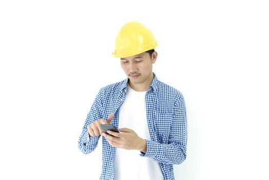 Business man engineer employee with blue scott shirt isolated has using phone on white background.