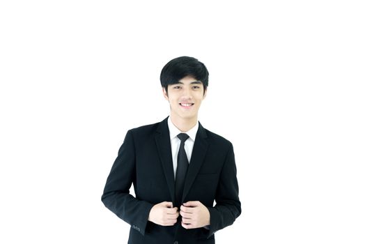 Asia businessman with black suit and black necktie has smiling isolated on white background.