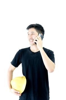 Business man engineer employee with black shirt has talking by phone isolated on white background.