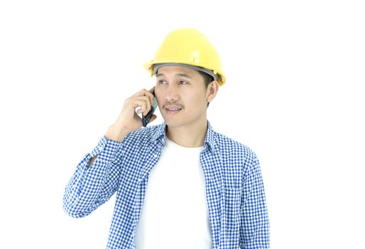 Business man engineer employee with blue scott shirt isolated has talking for working and planning by phone on white background.