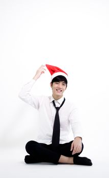 Asian handsome business man after finish work has enjoy with Christmas party in new year isolated on white background.