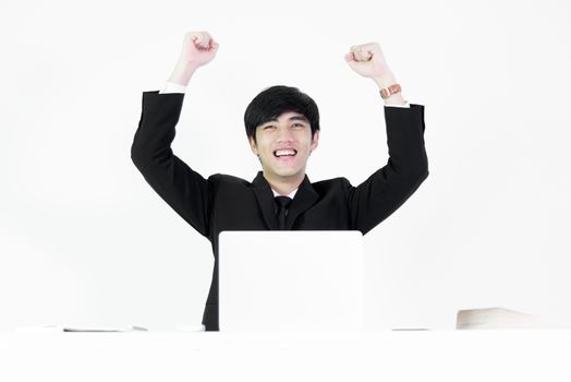 Asian manager businessman sitting at desk and working, isolated on white background.