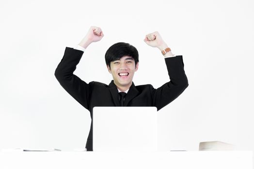 Asian manager businessman sitting at desk and working, isolated on white background.