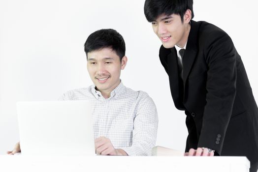 Asian manger businessman and employee salary man has working together with feeling happy and success, isolated on white background.