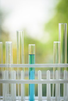 Set of laboratory glassware with colorful in test lab room.