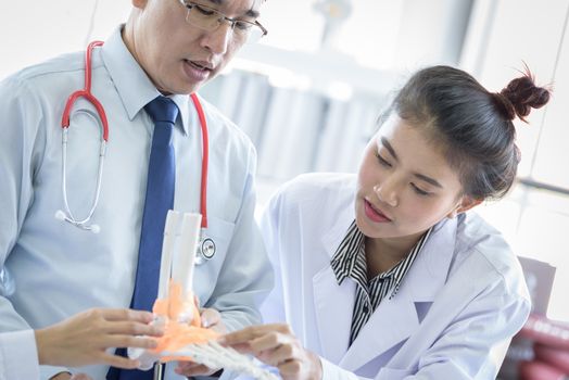 Asian teacher has teaching to student about science and anatomical in laboratory