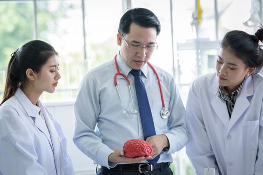 Asian teacher has teaching to student about science and anatomical in laboratory