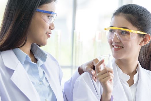 Asian young female working and research scientist together.