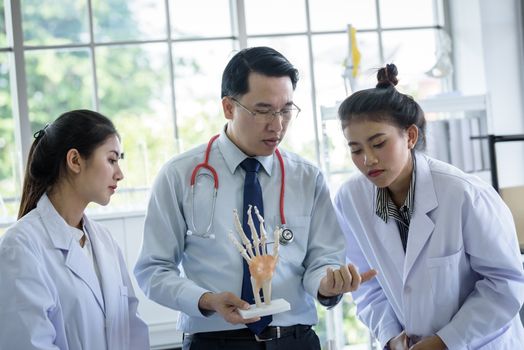 Asian teacher has teaching to student about science and anatomical in laboratory