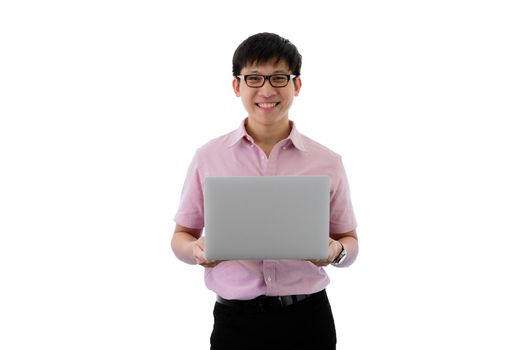 Asian young businessman has standing and laptop holding for working with happy on isolated on wihte background.