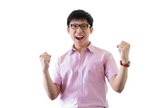 Asian young businessman has standing with cheerful on isolated on wihte background.