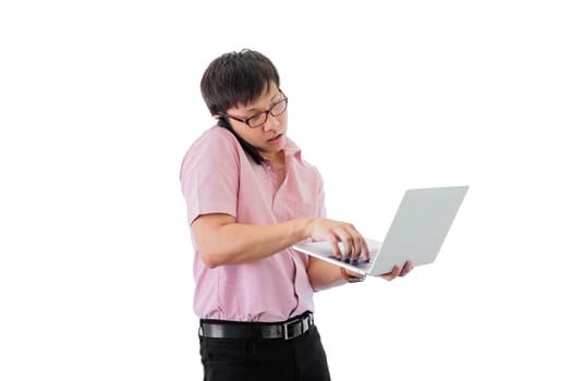 Asian young businessman has standing and  holding phone and laptop for working with busy on isolated on wihte background.