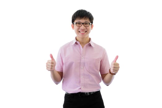 Asian young businessman has standing with thumbs up on isolated on wihte background.