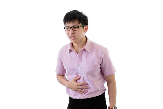 Asian young businessman has standing with stomachache on isolated on wihte background.