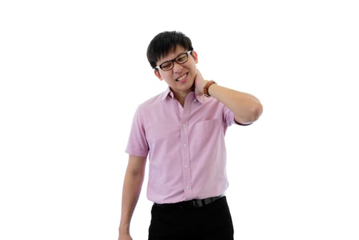 Asian young businessman has standing with neck ache on isolated on wihte background.