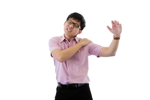 Asian young businessman has standing with shoulder ache on isolated on wihte background.