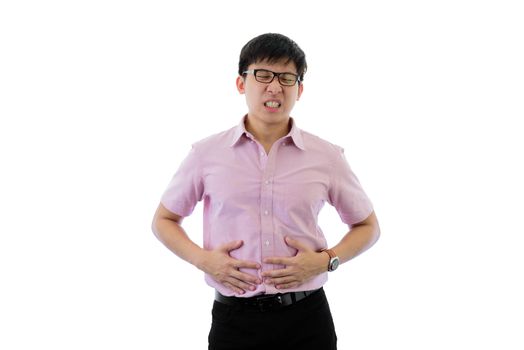 Asian young businessman has standing with stomachache on isolated on wihte background.