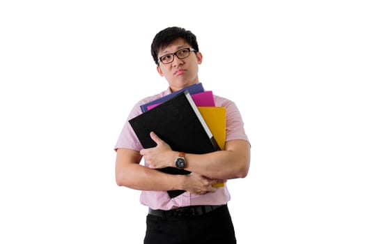 Asian young businessman has standing and hard working with many folders and documents on isolated on wihte background.