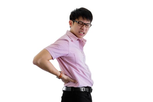 Asian young businessman has standing with backache on isolated on wihte background.