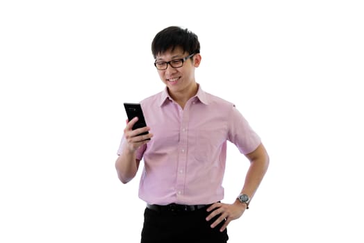 Asian young businessman has standing and playing phone with happy on isolated on wihte background.