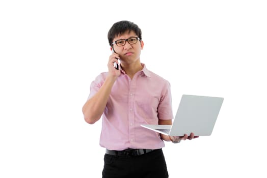 Asian young businessman has standing and  holding phone and laptop for working with busy on isolated on wihte background.