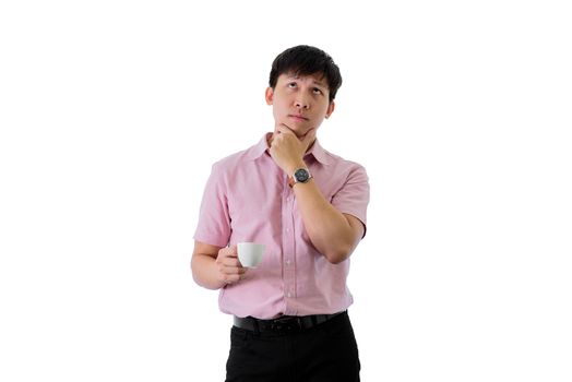Asian young businessman has standing and planning for business goal with a cup of coffee on isolated on wihte background.