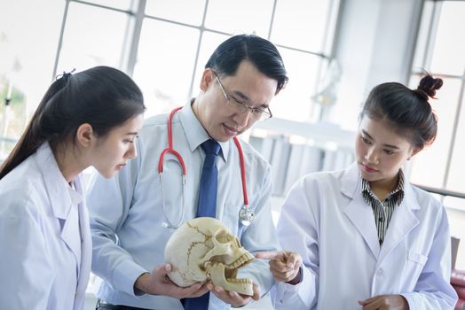 Asian teacher has teaching to student about science and anatomical in laboratory