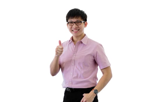Asian young businessman has standing with thumbs up on isolated on wihte background.