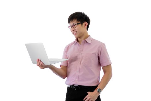 Asian young businessman has standing and laptop holding for working with happy on isolated on wihte background.